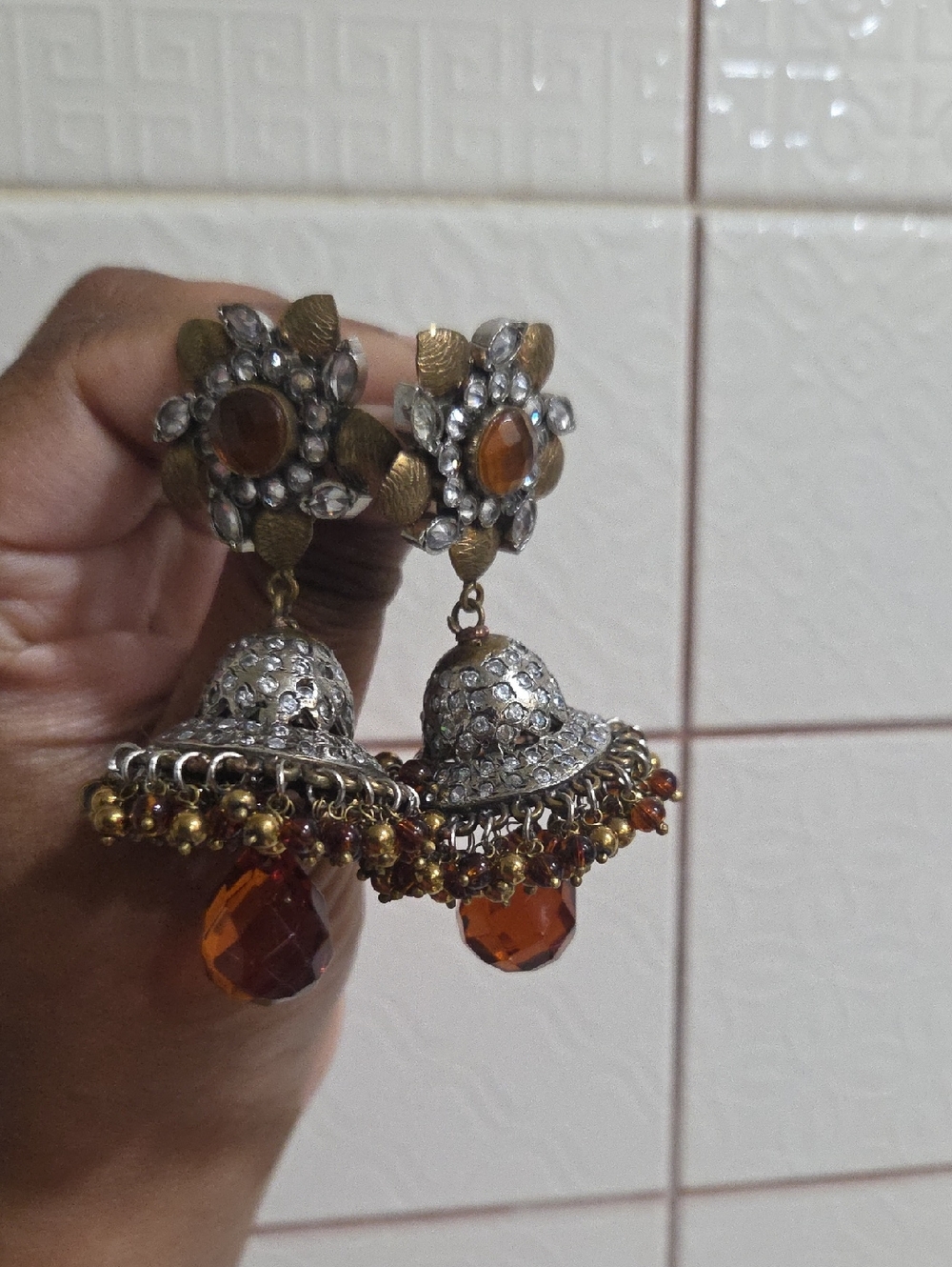 Traditional Silver-Tone Jhumka Earrings with Amber Drops